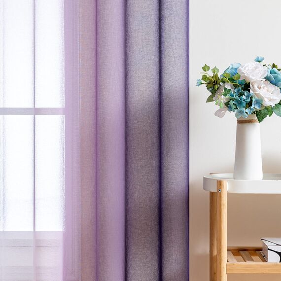 MIULEE 2er Set Voile Vorhang Zweifarbiger Vorhang mit Ösen Transparente Gardine Ösenschal Fensterschal Lichtdurchlässig für Schlafzimmer, 140x215cm, Weiß Lila