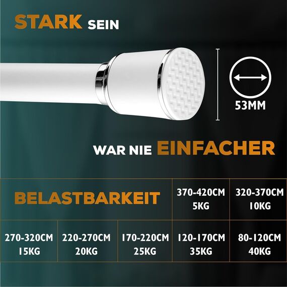 MEISENBERG Vorhangstange ohne Bohren 320-370cm, Weiß, Ø 32 mm, Gardinenstange zum Klemmen - Spannstange - Klemmstange für Fenster, Dusche und Trennwand