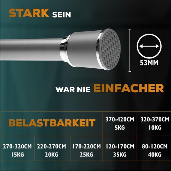 MEISENBERG Duschstange ohne Bohren 270-320cm, Grau, Ø 32 mm, Teleskopstange zum Klemmen - Teleskop Gardinenstange für Vorhänge, Dusche, Türöffnungen und Kleiderschrank
