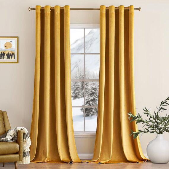 MIULEE Senfgelb Samtvorhang Ösen 2er Set 140X145, Blickdichte Vorhänge Samt Kurz Schlafzimmer Wohnzimmer, Wunderschön Weich Vorhang Verdunkelung Velvet Curtains, Verdunkelnd Samt Gardinen Blickdicht