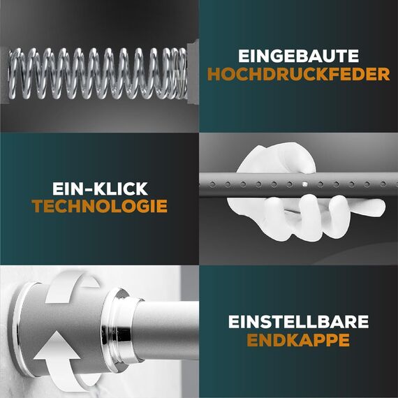 MEISENBERG Duschstange zum Klemmen 370-420cm, Grau, Ø 32 mm - Gardinenstange ohne Bohren - Teleskopstange Vorhang - Spannstange für Fenster, Dusche und Trennwand
