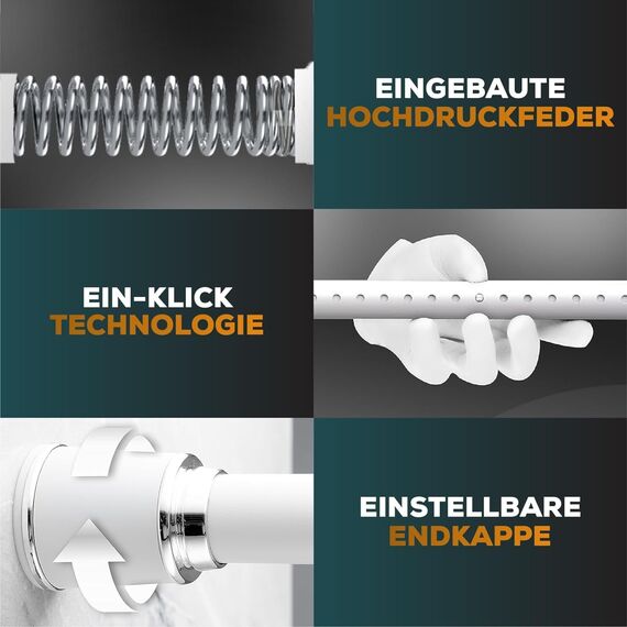 MEISENBERG Vorhangstange ohne Bohren 320-370cm, Weiß, Ø 32 mm, Gardinenstange zum Klemmen - Spannstange - Klemmstange für Fenster, Dusche und Trennwand