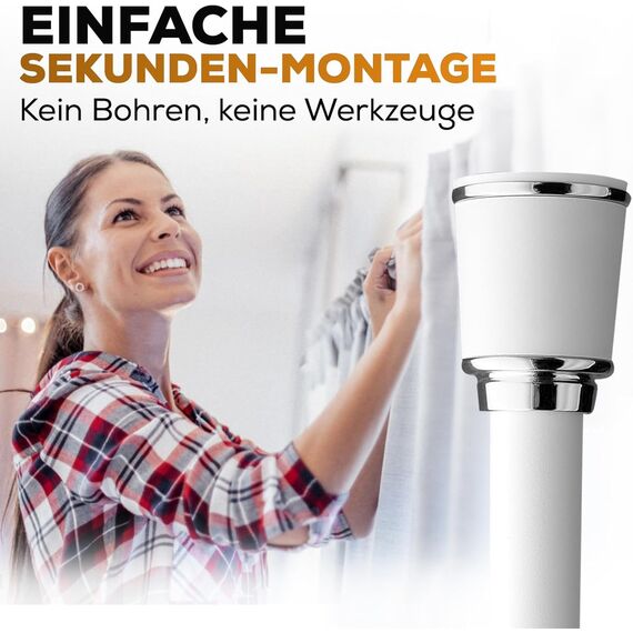 MEISENBERG Vorhangstange ohne Bohren 320-370cm, Weiß, Ø 32 mm, Gardinenstange zum Klemmen - Spannstange - Klemmstange für Fenster, Dusche und Trennwand