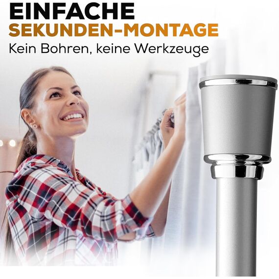 MEISENBERG Duschstange zum Klemmen 370-420cm, Grau, Ø 32 mm - Gardinenstange ohne Bohren - Teleskopstange Vorhang - Spannstange für Fenster, Dusche und Trennwand