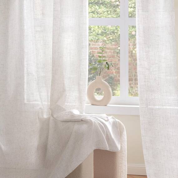 Woaboy Leinen Kruz Gardinen Weiß Vorhänge Wohnzimmer Halbtransparent mit Ösen Stores Gardine Leinenoptik Schlafzimmer Modern Ösenvorhang Schlaufengardinen 2er Set 140x145cm (BxH) Reines Weiß