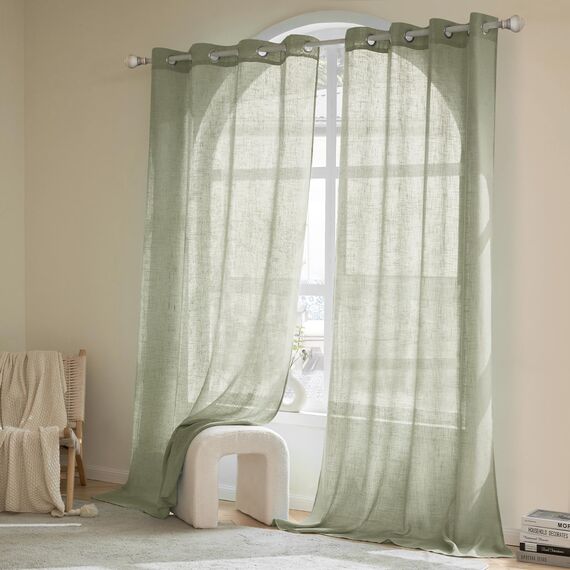 Woaboy Kruz Leinen Gardinen Vorhänge Wohnzimmer Halbtransparent mit Ösen Stores Gardine Leinenoptik Schlafzimmer Modern Ösenvorhang Schlaufengardinen 2er Set 140x145cm (BxH) Graugrün
