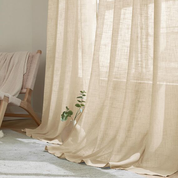 Woaboy Kruz Leinen Gardinen Vorhänge Wohnzimmer Halbtransparent mit Ösen Stores Gardine Leinenoptik Schlafzimmer Modern Ösenvorhang Schlaufengardinen 2er Set 140x145cm (BxH) Leinen