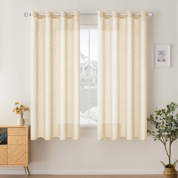 Woaboy Kruz Leinen Gardinen Vorhänge Wohnzimmer Halbtransparent mit Ösen Stores Gardine Leinenoptik Schlafzimmer Modern Ösenvorhang Schlaufengardinen 2er Set 140x145cm (BxH) Leinen