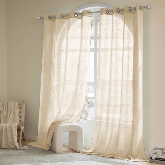 Woaboy Kruz Leinen Gardinen Vorhänge Wohnzimmer Halbtransparent mit Ösen Stores Gardine Leinenoptik Schlafzimmer Modern Ösenvorhang Schlaufengardinen 2er Set 140x145cm (BxH) Leinen