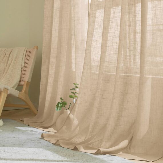 Woaboy Leinen Kruz Gardinen Beige Vorhänge Wohnzimmer Halbtransparent mit Ösen Stores Gardine Leinenoptik Schlafzimmer Modern Ösenvorhang Schlaufengardinen 2er Set 140x137cm (BxH) Beige
