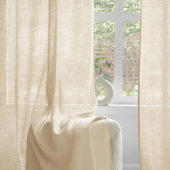 Woaboy Kruz Leinen Gardinen Vorhänge Wohnzimmer Halbtransparent mit Ösen Stores Gardine Leinenoptik Schlafzimmer Modern Ösenvorhang Schlaufengardinen 2er Set 140x145cm (BxH) Leinen