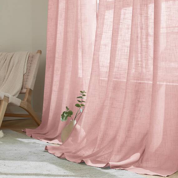 Woaboy Kruz Leinen Gardinen Vorhänge Wohnzimmer Halbtransparent mit Ösen Stores Gardine Leinenoptik Schlafzimmer Modern Ösenvorhang Schlaufengardinen 2er Set 140x145cm (BxH) Rosa