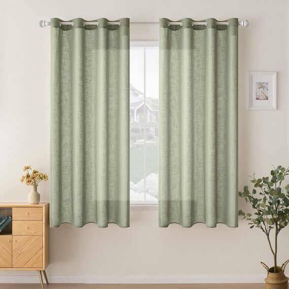 Woaboy Kruz Leinen Gardinen Vorhänge Wohnzimmer Halbtransparent mit Ösen Stores Gardine Leinenoptik Schlafzimmer Modern Ösenvorhang Schlaufengardinen 2er Set 140x145cm (BxH) Graugrün