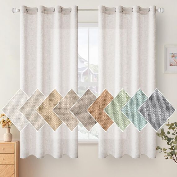 Woaboy Leinen Kruz Gardinen Weiß Vorhänge Wohnzimmer Halbtransparent mit Ösen Stores Gardine Leinenoptik Schlafzimmer Modern Ösenvorhang Schlaufengardinen 2er Set 140x137cm (BxH) Reines Weiß