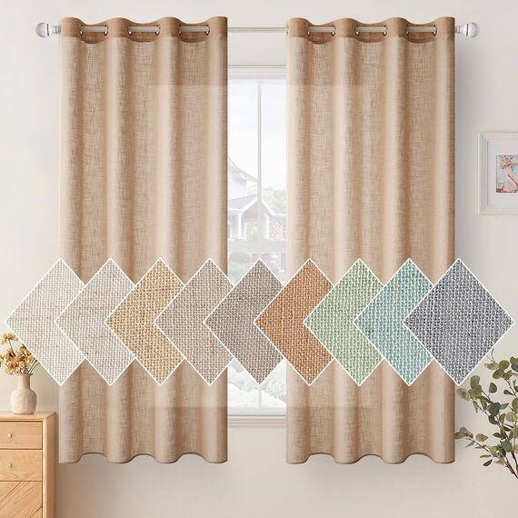 Woaboy Leinen Kruz Gardinen Vorhänge Wohnzimmer Halbtransparent mit Ösen Stores Gardine Leinenoptik Schlafzimmer Modern Ösenvorhang Schlaufengardinen 2er Set 140x160cm (BxH) Braun