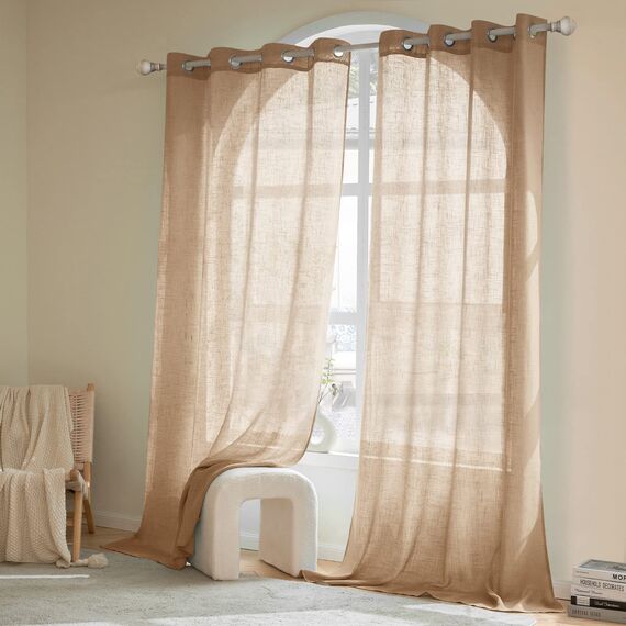 Woaboy Leinen Gardinen Vorhänge Wohnzimmer Halbtransparent mit Ösen Stores Gardine Leinenoptik Schlafzimmer Modern Ösenvorhang Schlaufengardinen 2er Set 140x215cm (BxH) Braun