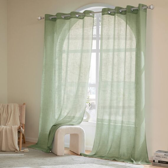 Woaboy Leinen Kruz Gardinen Grün Vorhänge Wohnzimmer Halbtransparent mit Ösen Stores Gardine Leinenoptik Schlafzimmer Modern Ösenvorhang Schlaufengardinen 2er Set 140x160cm (BxH) Grün