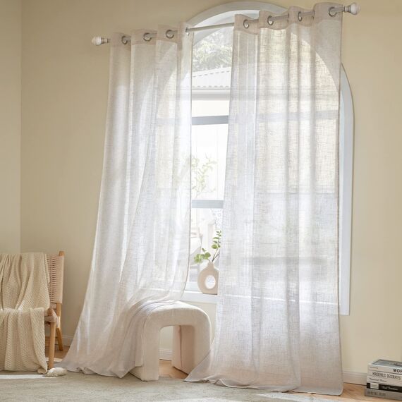 Woaboy Leinen Gardinen Vorhänge Wohnzimmer Halbtransparent mit Ösen Stores Gardine Leinenoptik Schlafzimmer Modern Ösenvorhang Schlaufengardinen 2er Set 140x235cm (BxH) Weiß