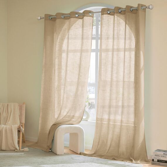 Woaboy Leinen Gardinen Beige Vorhänge Wohnzimmer Halbtransparent mit Ösen Stores Gardine Leinenoptik Schlafzimmer Modern Ösenvorhang Schlaufengardinen 2er Set 140x215cm (BxH) Beige