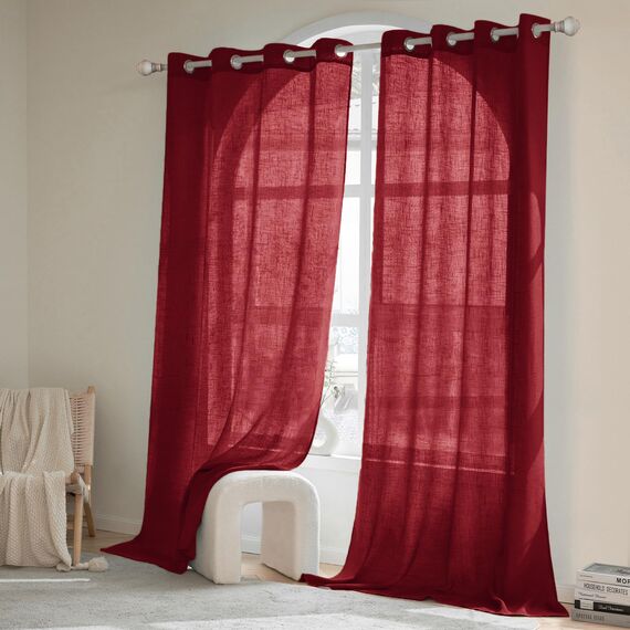 Woaboy Leinen Gardinen Halbtransparent Vorhänge Leinenoptik Wohnzimmer mit Ösen Stores Gardine Schlafzimmer Modern Ösenvorhang Schlaufengardinen 2er Set 140x225cm (BxH) Wein Rot