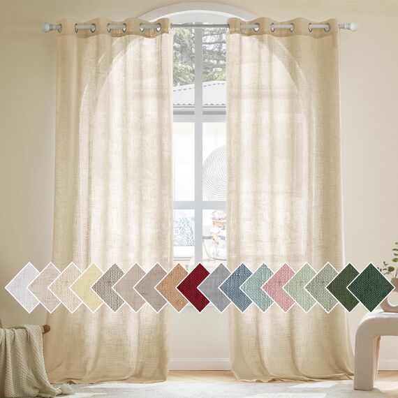 Woaboy Leinen Gardinen Vorhänge Wohnzimmer Halbtransparent mit Ösen Stores Gardine Leinenoptik Schlafzimmer Modern Ösenvorhang Schlaufengardinen 2er Set 140x245cm (BxH) Leinen
