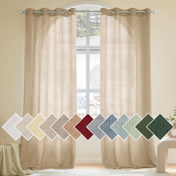 Woaboy Leinen Gardinen Vorhänge Wohnzimmer Halbtransparent mit Ösen Stores Gardine Leinenoptik Schlafzimmer Modern Ösenvorhang Schlaufengardinen 2er Set 140x235cm (BxH) Beige