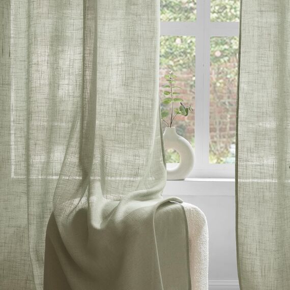 Woaboy Leinen Gardinen Vorhänge Wohnzimmer Halbtransparent mit Ösen Stores Gardine Leinenoptik Schlafzimmer Modern Ösenvorhang Schlaufengardinen 2er Set 140x260cm (BxH) Graugrün