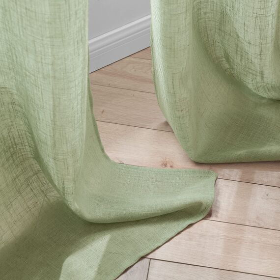 Woaboy Leinen Kruz Gardinen Grün Vorhänge Wohnzimmer Halbtransparent mit Ösen Stores Gardine Leinenoptik Schlafzimmer Modern Ösenvorhang Schlaufengardinen 2er Set 140x175cm (BxH) Grün