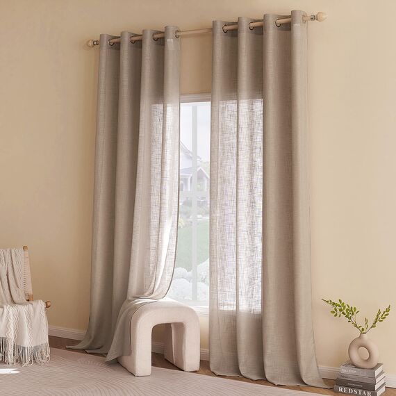 Woaboy Leinen Gardinen Vorhänge Wohnzimmer Halbtransparent mit Ösen Stores Gardine Leinenoptik Schlafzimmer Modern Ösenvorhang Schlaufengardinen 2er Set 140x225cm (BxH) Dunkelbraun