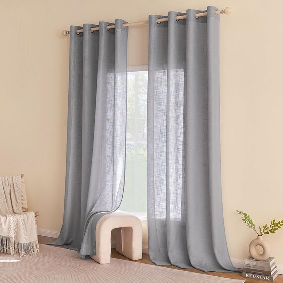 Woaboy Leinen Gardinen Grau Vorhänge Wohnzimmer Halbtransparent mit Ösen Stores Gardine Leinenoptik Schlafzimmer Modern Ösenvorhang Schlaufengardinen 2er Set 140x225cm (BxH) Grau