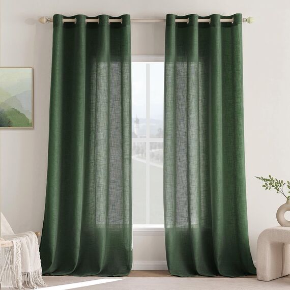 Woaboy Leinen Gardinen Halbtransparent Vorhänge Leinenoptik Wohnzimmer mit Ösen Stores Gardine Schlafzimmer Modern Ösenvorhang Schlaufengardinen 2er Set 140x260cm (BxH) Dunkelgrün