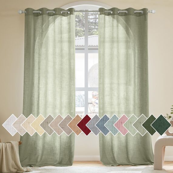Woaboy Leinen Gardinen Vorhänge Wohnzimmer Halbtransparent mit Ösen Stores Gardine Leinenoptik Schlafzimmer Modern Ösenvorhang Schlaufengardinen 2er Set 140x260cm (BxH) Graugrün