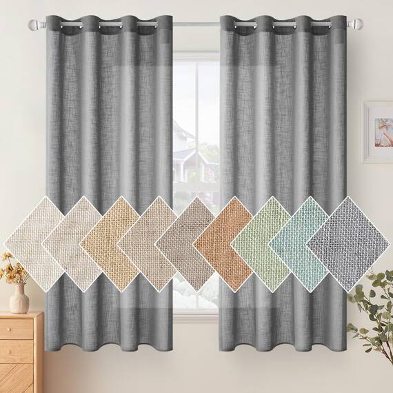 Woaboy Leinen Kruz Gardinen Grau Vorhänge Wohnzimmer Halbtransparent mit Ösen Stores Gardine Leinenoptik Schlafzimmer Modern Ösenvorhang Schlaufengardinen 2er Set 140x160cm (BxH) Grau