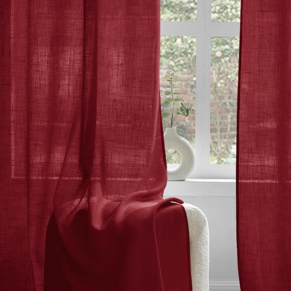 Woaboy Leinen Gardinen Halbtransparent Vorhänge Leinenoptik Wohnzimmer mit Ösen Stores Gardine Schlafzimmer Modern Ösenvorhang Schlaufengardinen 2er Set 140x225cm (BxH) Wein Rot