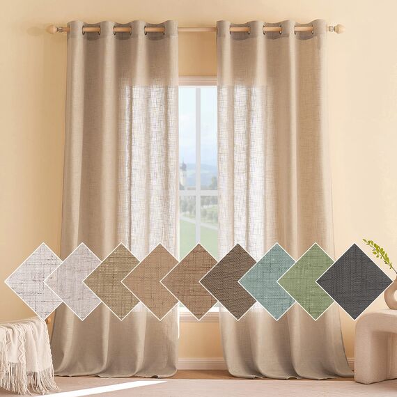 Woaboy Leinen Gardinen Vorhänge Wohnzimmer Halbtransparent mit Ösen Stores Gardine Leinenoptik Schlafzimmer Modern Ösenvorhang Schlaufengardinen 2er Set 140x200cm (BxH) Hellbraun