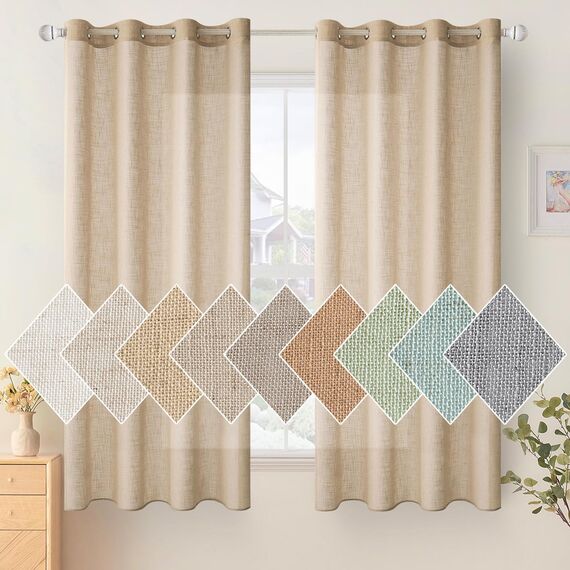 Woaboy Leinen Kruz Gardinen Beige Vorhänge Wohnzimmer Halbtransparent mit Ösen Stores Gardine Leinenoptik Schlafzimmer Modern Ösenvorhang Schlaufengardinen 2er Set 140x175cm (BxH) Beige