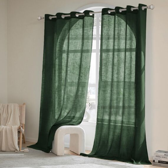 Woaboy Leinen Gardinen Halbtransparent Vorhänge Leinenoptik Wohnzimmer mit Ösen Stores Gardine Schlafzimmer Modern Ösenvorhang Schlaufengardinen 2er Set 140x245cm (BxH) Dunkelgrün