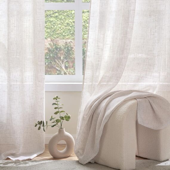 Woaboy Leinen Gardinen Vorhänge Wohnzimmer Halbtransparent mit Ösen Stores Gardine Leinenoptik Schlafzimmer Modern Ösenvorhang Schlaufengardinen 2er Set 140x235cm (BxH) Reines Weiß