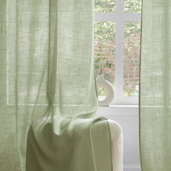 Woaboy Leinen Kruz Gardinen Grün Vorhänge Wohnzimmer Halbtransparent mit Ösen Stores Gardine Leinenoptik Schlafzimmer Modern Ösenvorhang Schlaufengardinen 2er Set 140x160cm (BxH) Grün