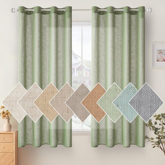 Woaboy Leinen Kruz Gardinen Grün Vorhänge Wohnzimmer Halbtransparent mit Ösen Stores Gardine Leinenoptik Schlafzimmer Modern Ösenvorhang Schlaufengardinen 2er Set 140x175cm (BxH) Grün