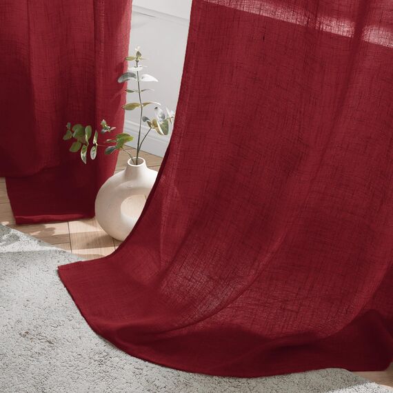 Woaboy Leinen Gardinen Halbtransparent Vorhänge Leinenoptik Wohnzimmer mit Ösen Stores Gardine Schlafzimmer Modern Ösenvorhang Schlaufengardinen 2er Set 140x225cm (BxH) Wein Rot