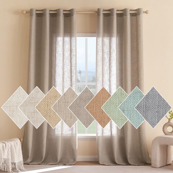 Woaboy Leinen Gardinen Vorhänge Wohnzimmer Halbtransparent mit Ösen Stores Gardine Leinenoptik Schlafzimmer Modern Ösenvorhang Schlaufengardinen 2er Set 140x215cm (BxH) Dunkelbraun