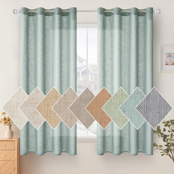 Woaboy Leinen Kruz Gardinen Vorhänge Wohnzimmer Halbtransparent mit Ösen Stores Gardine Leinenoptik Schlafzimmer Modern Ösenvorhang Schlaufengardinen 2er Set 140x175cm (BxH) Blau