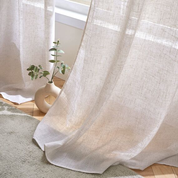 Woaboy Leinen Gardinen Weiß Vorhänge Wohnzimmer Halbtransparent mit Ösen Stores Gardine Leinenoptik Schlafzimmer Modern Ösenvorhang Schlaufengardinen 2er Set 140x245cm (BxH) Weiß