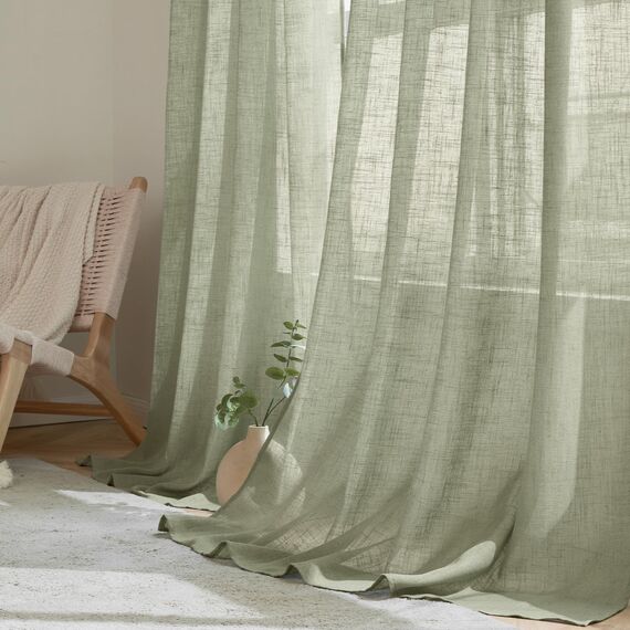 Woaboy Leinen Gardinen Vorhänge Wohnzimmer Halbtransparent mit Ösen Stores Gardine Leinenoptik Schlafzimmer Modern Ösenvorhang Schlaufengardinen 2er Set 140x260cm (BxH) Graugrün