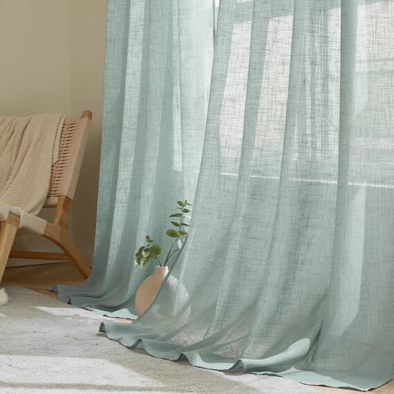 Woaboy Leinen Kruz Gardinen Vorhänge Wohnzimmer Halbtransparent mit Ösen Stores Gardine Leinenoptik Schlafzimmer Modern Ösenvorhang Schlaufengardinen 2er Set 140x160cm (BxH) Blau