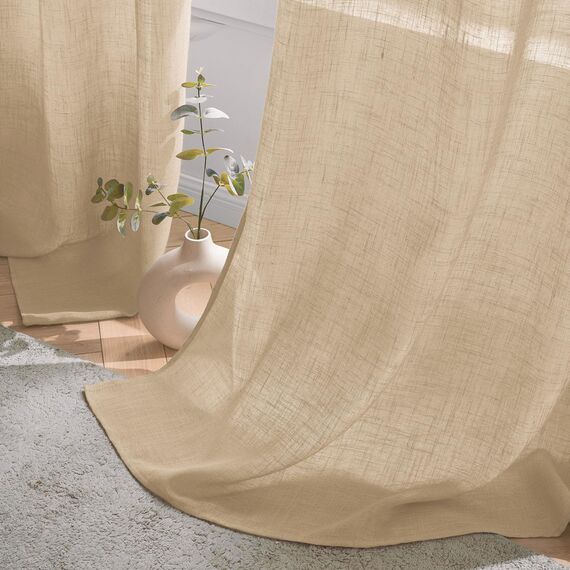 Woaboy Leinen Gardinen Beige Vorhänge Wohnzimmer Halbtransparent mit Ösen Stores Gardine Leinenoptik Schlafzimmer Modern Ösenvorhang Schlaufengardinen 2er Set 140x225cm (BxH) Beige