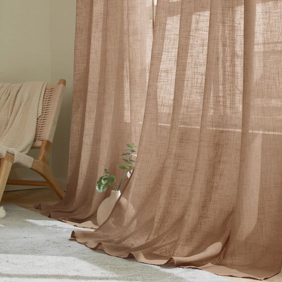 Woaboy Leinen Gardinen Vorhänge Wohnzimmer Halbtransparent mit Ösen Stores Gardine Leinenoptik Schlafzimmer Modern Ösenvorhang Schlaufengardinen 2er Set 140x225cm (BxH) Braun