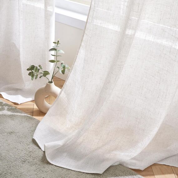 Woaboy Leinen Gardinen Vorhänge Wohnzimmer Halbtransparent mit Ösen Stores Gardine Leinenoptik Schlafzimmer Modern Ösenvorhang Schlaufengardinen 2er Set 140x235cm (BxH) Reines Weiß