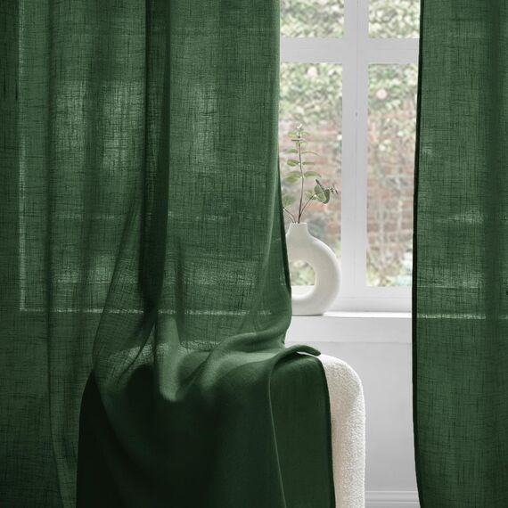 Woaboy Leinen Gardinen Halbtransparent Vorhänge Leinenoptik Wohnzimmer mit Ösen Stores Gardine Schlafzimmer Modern Ösenvorhang Schlaufengardinen 2er Set 140x245cm (BxH) Dunkelgrün
